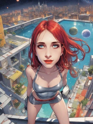 transistor,game illustration,rooftop,above the city,on the roof,underwater background,world digital painting,swimming pool,swim ring,pool,roof top pool,aqua studio,looking down,marina,cityscape,lifeguard,rooftops,diamond lagoon,red-haired,sci fiction illustration,Digital Art,Comic