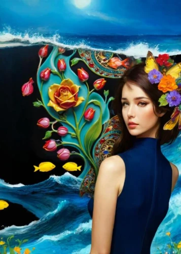 girl with a dolphin,italian painter,blue rose,flower painting,flower wall en,fabric painting,splendor of flowers,art painting,girl in flowers,blue pillow,blue hawaii,meticulous painting,kimono fabric,jasmine blue,body painting,oil painting on canvas,beautiful girl with flowers,bodypainting,fashion illustration,flower fabric