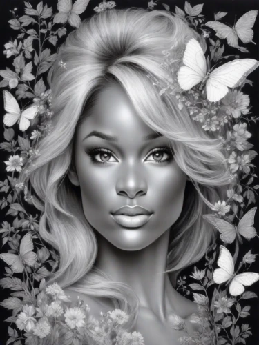 gardenia,airbrushed,havana brown,fantasy portrait,linden blossom,magnolia,beauty face skin,fashion illustration,african american woman,woman face,pencil drawings,white magnolia,world digital painting,face portrait,magnolias,romantic portrait,retouching,woman's face,doll's facial features,skin color