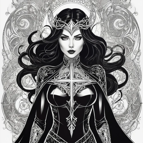 the enchantress,sorceress,queen of the night,widow,priestess,gothic woman,celtic queen,goddess of justice,fantasy woman,the snow queen,goth woman,vampira,black widow,art nouveau design,dark elf,elven,gothic portrait,lady of the night,zodiac sign libra,scarlet witch,Illustration,Black and White,Black and White 05