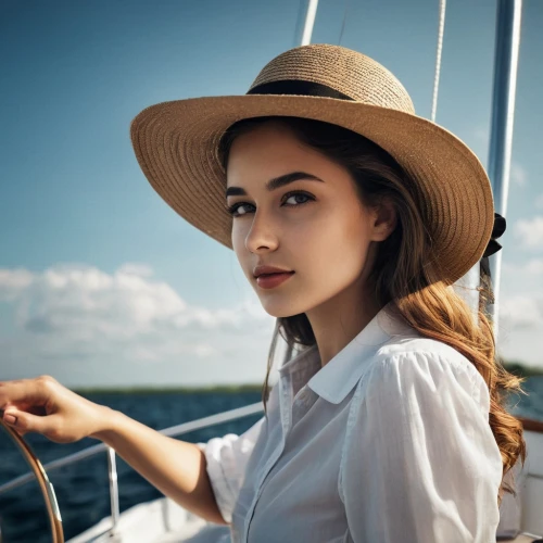 girl on the boat,boat operator,girl wearing hat,seafaring,panama hat,at sea,on a yacht,straw hat,nautical,brown sailor,sun hat,brown hat,high sun hat,nautical star,seafarer,sailing,womans seaside hat,marina,boat,beret,Photography,Artistic Photography,Artistic Photography 15