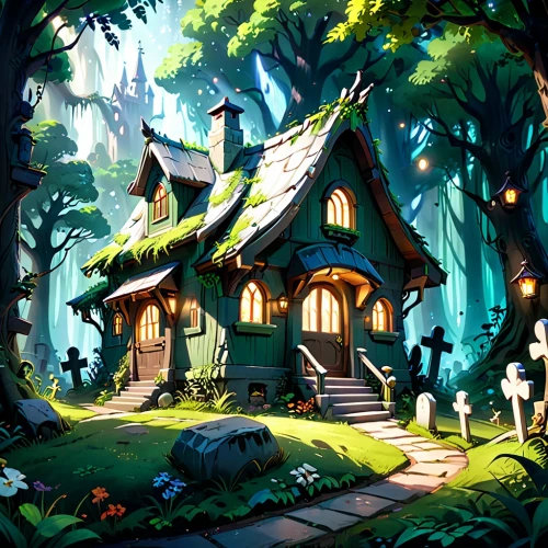 house in the forest,fairy village,witch's house,druid grove,monkey island,fairy house,game illustration,studio ghibli,treehouse,devilwood,fairy forest,enchanted forest,summer cottage,elven forest,little house,dandelion hall,cottage,knight village,ancient house,cartoon forest,Anime,Anime,Cartoon