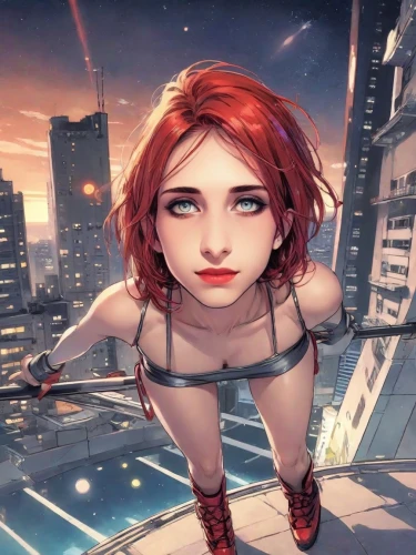 transistor,high-wire artist,looking down,on the roof,cyberpunk,red-haired,cyborg,above the city,trapeze,girl upside down,vertigo,game art,redhead doll,io,hanging down,rooftop,two-point-ladybug,harley,game illustration,queen cage,Digital Art,Comic