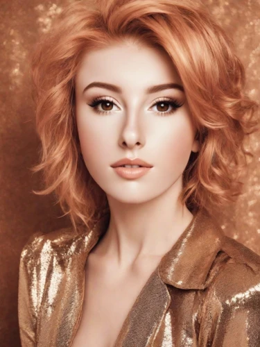 realdoll,caramel color,golden haired,ginger rodgers,pixie-bob,golden color,vintage makeup,redhead doll,airbrushed,clary,vintage woman,vintage angel,orange color,eurasian,mary-gold,portrait background,beautiful young woman,japanese ginger,bouffant,romantic look