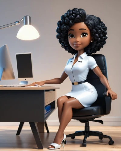 women in technology,girl at the computer,artificial hair integrations,business woman,businesswoman,tiana,business girl,bussiness woman,blur office background,designer dolls,office worker,black professional,secretary,business women,cute cartoon character,animated cartoon,girl sitting,receptionist,black women,afro american girls,Unique,3D,3D Character