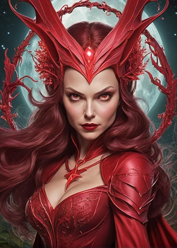 scarlet witch,darth talon,devil,red chief,the enchantress,fae,sorceress,queen of hearts,fantasy portrait,fantasy art,fantasy woman,huntress,evil fairy,red riding hood,lady in red,red,red magnolia,crimson,fire siren,evil woman,Illustration,Realistic Fantasy,Realistic Fantasy 02