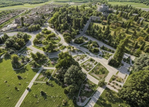 vienna's central cemetery,modlin fortress,french military graveyard,abbaye de belloc,verdun,ancient olympia,pilgrimage church of wies,fontainebleau,longues-sur-mer battery,megalith facility harhoog,drottningholm,waldbühne,puy du fou,knight village,aerial landscape,bird's-eye view,forest cemetery,the garden society of gothenburg,abbaye de sénanque,monastery garden,Landscape,Landscape design,Landscape space types,Campus Landscapes