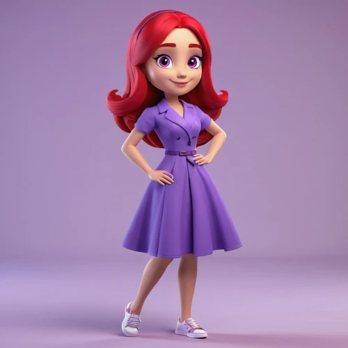 ariel,purple dress,a girl in a dress,cute cartoon character,daphne,disney character,doll dress,3d model,la violetta,redhead doll,lilo,princess sofia,rapunzel,3d figure,starfire,wanda,princess anna,maci,female doll,red-purple,Unique,3D,3D Character