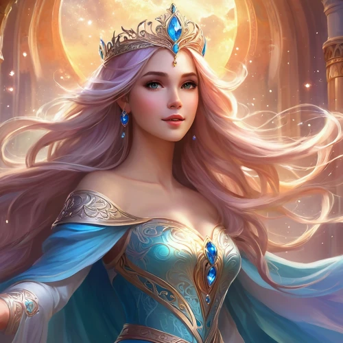 fantasy portrait,elsa,fantasy art,zodiac sign libra,fantasy woman,libra,celtic queen,rapunzel,fantasy picture,fantasia,fairy queen,the snow queen,golden crown,aurora,cg artwork,fairy tale character,cinderella,blue enchantress,eufiliya,goddess of justice,Illustration,Realistic Fantasy,Realistic Fantasy 01