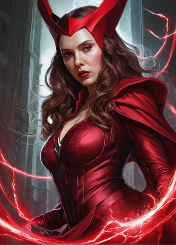 scarlet witch,goddess of justice,darth talon,red super hero,evil woman,dodge warlock,devil,the enchantress,red,cg artwork,power icon,sorceress,fantasy woman,wanda,huntress,collectible card game,elenor power,red cape,lady in red,super heroine,Illustration,Realistic Fantasy,Realistic Fantasy 07