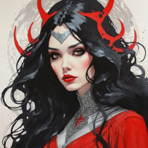 devil,scarlet witch,vampire woman,vampire lady,fantasy woman,evil woman,fantasy portrait,the enchantress,fantasy art,angel and devil,capricorn,widow,pinterest icon,the devil,satan,lady in red,red riding hood,horned,vampira,fire devil,Illustration,Paper based,Paper Based 19