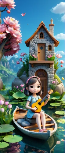popeye village,agnes,3d fantasy,children's background,spring background,springtime background,3d render,world digital painting,fairy world,fairy village,aqua studio,digital compositing,wishing well,lily pad,house of the sea,cartoon video game background,honey bee home,cute cartoon character,home landscape,water mill,Unique,3D,3D Character