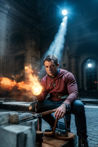 fire artist,blacksmith,fire master,star-lord peter jason quill,arrow set,potter's wheel,steelworker,tinsmith,blow torch,action hero,pyrotechnic,man holding gun and light,cinematographer,aquaman,best arrow,smouldering torches,stonemason's hammer,iron pour,broomstick,robin hood