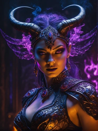 violet head elf,the enchantress,dark elf,horned,sorceress,fantasy woman,female warrior,mara,monsoon banner,fantasy portrait,taurus,fae,devil,glowing antlers,horn of amaltheia,the zodiac sign taurus,faun,gara,fantasy warrior,medusa,Photography,General,Fantasy