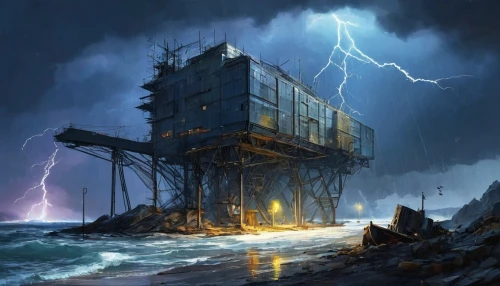 lifeguard tower,sea storm,shipwreck,thunderstorm,electric tower,ship wreck,storm surge,industrial ruin,oil platform,ghost ship,noah's ark,the storm of the invasion,the wreck of the ship,heavy water factory,thunderstorm mood,san storm,sci fiction illustration,electric lighthouse,storm,steel tower,Conceptual Art,Sci-Fi,Sci-Fi 01