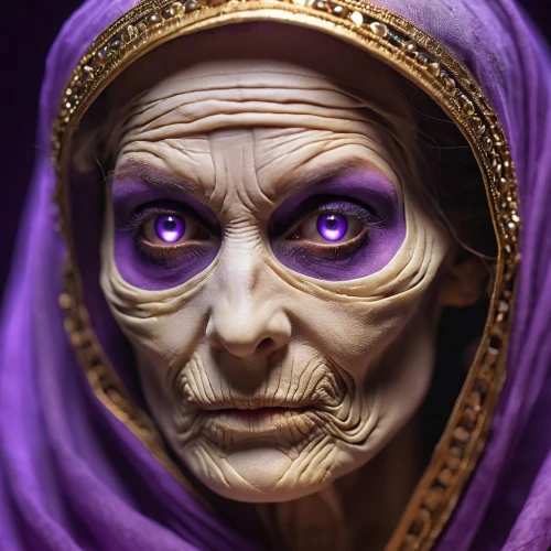 old woman,violet head elf,grandmother,elderly lady,voodoo woman,scary woman,evil woman,dark elf,sorceress,purple skin,woman face,grandma,undead warlock,fortune teller,purple rizantém,elderly person,old human,scared woman,mummy,la violetta,Photography,General,Realistic