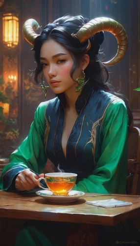 dragon li,fantasy portrait,tea zen,chinese teacup,pouring tea,green dragon,tea drinking,dianhong tea,xiaolongbao,tea ceremony,maojian tea,woman drinking coffee,asian teapot,jasmine tea,bun cha,xizhi,siu mei,mulan,china tea,taurus,Conceptual Art,Fantasy,Fantasy 28