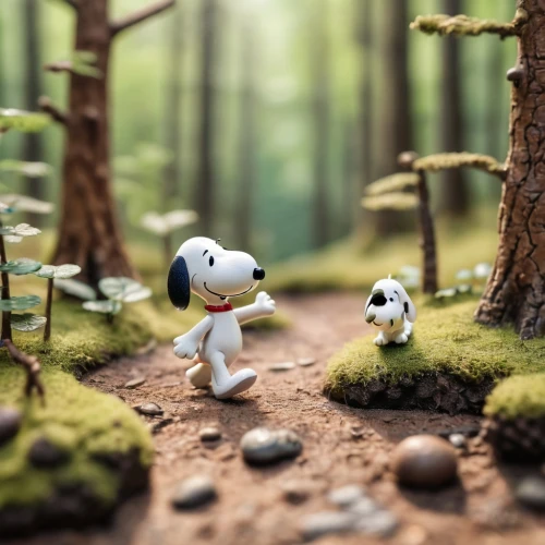 snoopy,forest walk,dog hiking,tiny world,cartoon forest,walking dogs,whimsical animals,go for a walk,woodland animals,miniature figures,forest animals,in the forest,forest floor,happy children playing in the forest,dog running,two running dogs,stroll,peanuts,forest path,schleich,Unique,3D,Panoramic