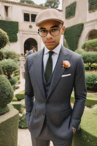 a black man on a suit,formal guy,the groom,aston,wedding suit,aristocrat,gentlemanly,earl gray,groom,business man,navy suit,lace round frames,royce,gentleman,men's suit,african american male,fedora,bow tie,wedding glasses,black professional,Photography,Realistic