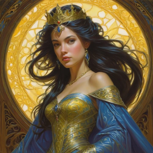 fantasy portrait,fantasy woman,queen of the night,golden crown,fantasy art,heroic fantasy,blue enchantress,wonderwoman,celtic queen,gold crown,the enchantress,zodiac sign libra,gold filigree,golden wreath,sorceress,the snow queen,goddess of justice,fantasy picture,cinderella,priestess,Illustration,Realistic Fantasy,Realistic Fantasy 03