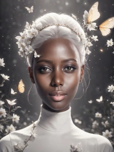 artificial hair integrations,white butterflies,flower fairy,white butterfly,faery,faerie,white blossom,butterfly white,mystical portrait of a girl,fairy queen,african american woman,white beauty,fantasy portrait,natural cosmetic,white lady,linden blossom,ethereal,white magnolia,natura,white petals