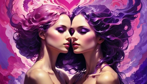 amorous,la violetta,purple and pink,lovesickness,split personality,mirror image,pink-purple,entwined,psychedelic art,passionflower,dualism,psyche,two hearts,mirror of souls,painted hearts,duality,intertwined,gemini,pink double,lovers,Conceptual Art,Fantasy,Fantasy 11