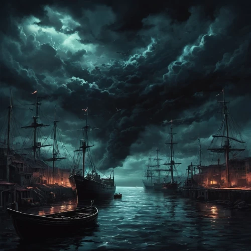 sea storm,the storm of the invasion,fantasy picture,ghost ship,dark clouds,world digital painting,maelstrom,harbor,storm clouds,apocalyptic,thunderclouds,thunderstorm,dramatic sky,atmospheric,stormy sky,dark cloud,lightning storm,pirate ship,stormy clouds,galleon,Conceptual Art,Fantasy,Fantasy 34