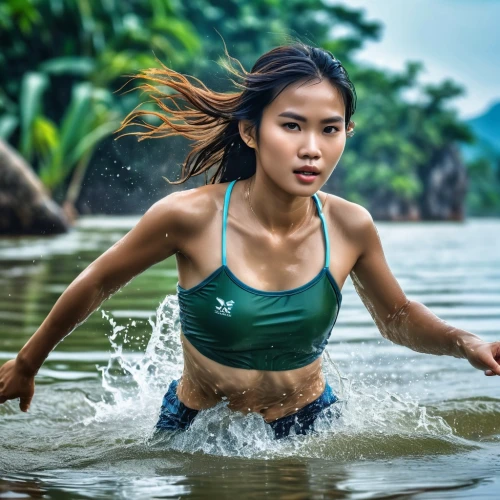female runner,female swimmer,long-distance running,endurance sports,middle-distance running,water nymph,surface water sports,sprint woman,obstacle race,running,free running,trail running,photoshop manipulation,girl on the river,green water,swimmer,triathlon,cross country running,paddler,vietnamese woman,Photography,General,Realistic
