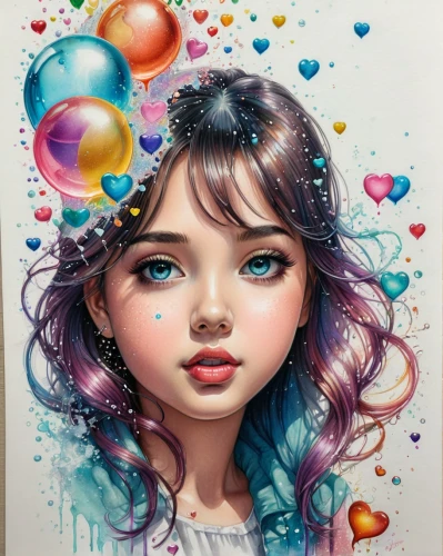 little girl with balloons,colorful balloons,rainbow color balloons,blue heart balloons,balloons,girl with speech bubble,balloon,foil balloon,blue balloons,balloons mylar,painter doll,pastel paper,girl drawing,kids illustration,colorful heart,girl portrait,balloon head,pink balloons,star balloons,color pencil,Conceptual Art,Daily,Daily 17