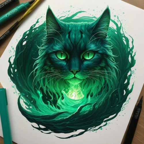 emerald,malachite,green lantern,drawing cat,cat vector,green aurora,watercolor cat,emerald sea,emerald lizard,doodle cat,glow in the dark paint,cuban emerald,green eyes,green smoke,cheshire,feline,cat,strix nebulosa,lantern,lynx,Conceptual Art,Fantasy,Fantasy 17