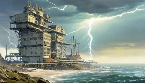electric tower,steel tower,electric lighthouse,tower of babel,oil platform,gunkanjima,sea storm,shipwreck,watchtower,power towers,oil rig,lifeguard tower,industrial ruin,fantasy picture,the wreck of the ship,the storm of the invasion,tower fall,nature's wrath,lighthouse,barquentine,Conceptual Art,Sci-Fi,Sci-Fi 19