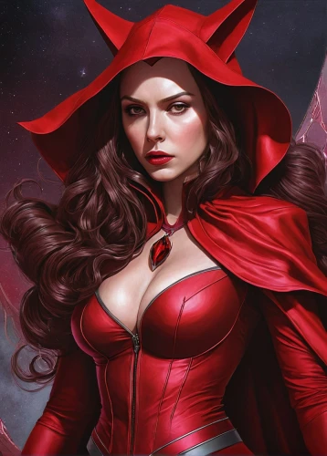 scarlet witch,red riding hood,red coat,little red riding hood,red cape,red,evil woman,darth talon,vampire woman,red super hero,lady in red,dodge warlock,sorceress,devil,huntress,candela,fantasy woman,the enchantress,red tunic,vampire lady,Illustration,Realistic Fantasy,Realistic Fantasy 07