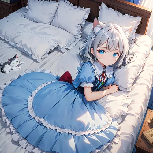 blue pillow,nyan,pillow,cat in bed,piko,cat resting,white heart,futon,bed,playmat,pillows,cute cat,aqua,uruburu,alice,miku,whitey,cat bed,cat ears,domestic short-haired cat,Anime,Anime,Traditional