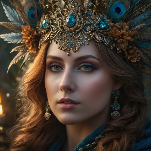 fantasy portrait,headdress,headpiece,faery,fairy queen,miss circassian,celtic queen,fantasy art,diadem,faerie,the hat of the woman,golden crown,queen crown,blue enchantress,priestess,sorceress,cleopatra,crowned,feather headdress,queen cage,Photography,General,Fantasy