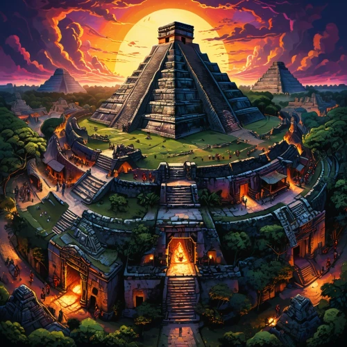 aztec,maya civilization,pyramids,chichen-itza,maya city,chichen itza,temples,step pyramid,temple fade,pyramid,russian pyramid,ancient city,eastern pyramid,volcano,kharut pyramid,yucatan,mexico,el dorado,pachamama,borobudur,Illustration,Realistic Fantasy,Realistic Fantasy 25