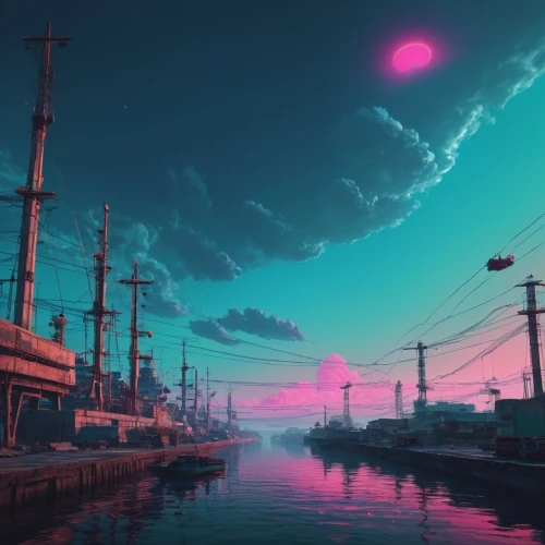 harbor,docks,dusk,pink dawn,vapor,futuristic landscape,dusk background,port,acid lake,atmosphere,alien planet,ship yard,harbour,ocean,docked,dock,aesthetic,ultraviolet,sea,evening atmosphere,Conceptual Art,Sci-Fi,Sci-Fi 11