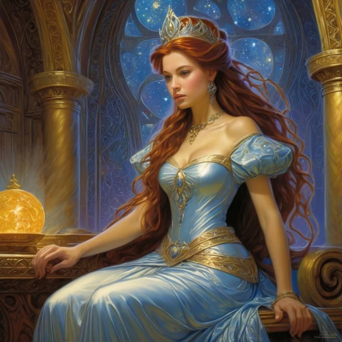 cinderella,celtic queen,golden crown,fantasy picture,fantasy portrait,fantasy art,princess sofia,fantasy woman,fairy tale character,blue enchantress,the snow queen,celtic woman,heroic fantasy,fairy queen,golden apple,a princess,priestess,sorceress,rapunzel,diadem,Illustration,Realistic Fantasy,Realistic Fantasy 03