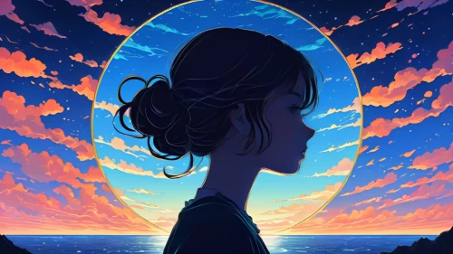 mystical portrait of a girl,mermaid silhouette,woman silhouette,ocean,silhouette art,the horizon,silhouette,digital illustration,sky,overlook,the endless sea,distant vision,celestial,sunset,daydream,horizon,ocean blue,magic mirror,looking glass,portrait background,Illustration,Japanese style,Japanese Style 16