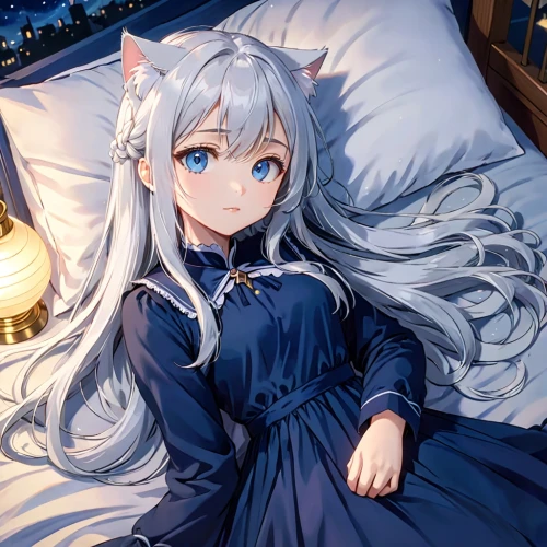 blue pillow,winterblueher,cute fox,cat in bed,sleeping rose,bed,kitsune,nyan,adorable fox,luna,fox,clear night,silver fox,sleeping,kado,whitey,wiz,pajamas,aqua,merlin,Anime,Anime,Traditional