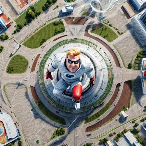 lensball,macroperspective,stalin skyscraper,gnome and roulette table,drone pilot,world digital painting,sky space concept,gyroplane,captive balloon,futuristic architecture,glider pilot,helicopter pilot,sci fiction illustration,globetrotter,space glider,helipad,skydiver,rescue helipad,big marbles,space tourism