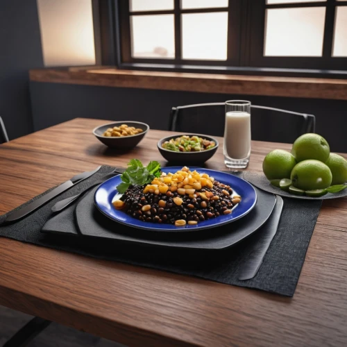 black rice,serveware,dinnerware set,chili con carne,serving tray,jajangmyeon,tableware,cuttingboard,placemat,food styling,chopping board,dinner tray,black plates,ebi chili,tabletop photography,salad plate,product photos,plate shelf,ceramic hob,wooden plate,Photography,General,Realistic