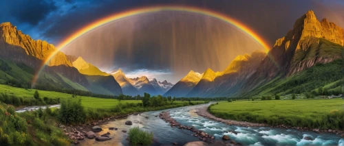 rainbow bridge,fantasy picture,fantasy landscape,rainbow background,moonbow,rainbow clouds,world digital painting,northen lights,fantasy art,rainbow world map,double rainbow,landscape background,rainbow,rainbow and stars,atmospheric phenomenon,rainbow waves,rainbow colors,raimbow,pot of gold background,mountainous landscape,Photography,General,Natural