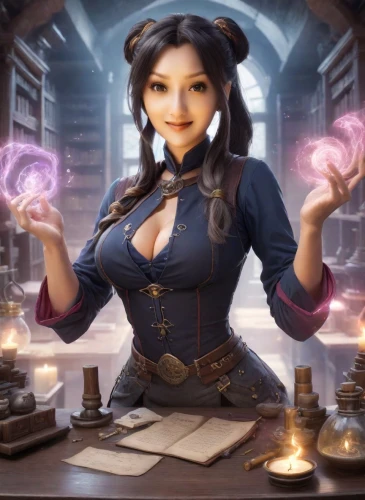librarian,dodge warlock,fortune teller,magic grimoire,candlemaker,mage,magistrate,steampunk,fortune telling,fantasy picture,sorceress,magician,barmaid,siu mei,game illustration,fantasy portrait,summoner,apothecary,xizhi,female doctor,Photography,Realistic