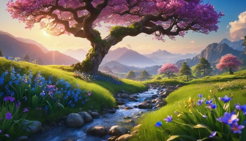 spring background,springtime background,fantasy landscape,blossom tree,japanese sakura background,landscape background,flower tree,lilac tree,purple landscape,salt meadow landscape,sakura background,cartoon video game background,meadow landscape,mountain meadow,flower background,flourishing tree,spring blossoms,full hd wallpaper,spring morning,flowering meadow,Photography,General,Realistic
