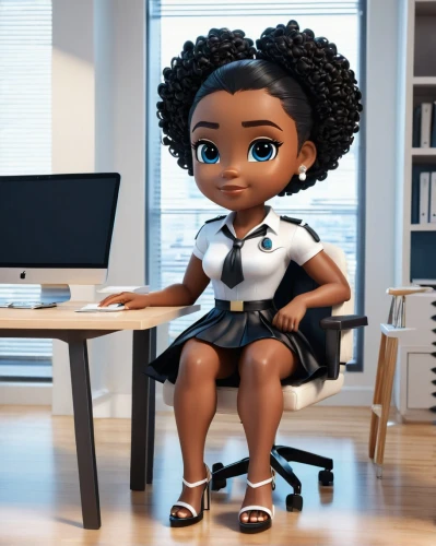 tiana,artificial hair integrations,girl at the computer,clay animation,girl sitting,agnes,women in technology,cute cartoon character,black professional,designer dolls,paramedics doll,animated cartoon,hushpuppy,business girl,character animation,maria bayo,office worker,animator,child is sitting,receptionist,Unique,3D,3D Character