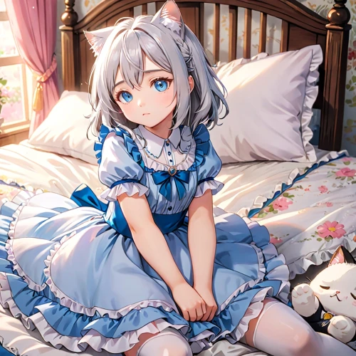 piko,nyan,blue pillow,maid,cat in bed,gray kitty,silver tabby,bed,cat ears,gray cat,doll cat,kawaii,alice,ako,domestic short-haired cat,cyan,cat kawaii,gingham,lying down,cat resting,Anime,Anime,Traditional