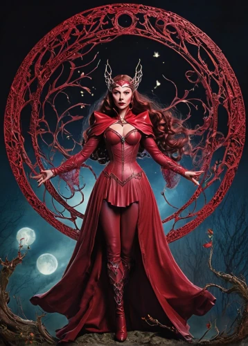 scarlet witch,red lantern,the enchantress,red riding hood,blood moon,fantasy woman,sorceress,fae,lady in red,blood moon eclipse,rosa 'the fairy,little red riding hood,zodiac sign libra,fantasia,darth talon,queen of hearts,red tunic,celebration of witches,vampire woman,celtic queen,Illustration,Realistic Fantasy,Realistic Fantasy 02