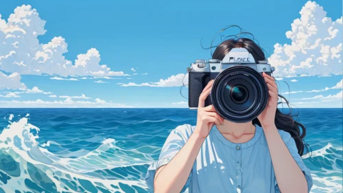 camera illustration,photographer,a girl with a camera,photo-camera,nature photographer,camera photographer,taking picture,taking photo,photographers,the blonde photographer,photographic background,ocean background,camera drawing,creative background,underwater background,photo painting,photo lens,photo camera,viewfinder,mermaid background,Illustration,Japanese style,Japanese Style 16