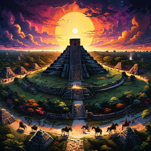 maya civilization,aztec,pyramids,chichen-itza,chichen itza,temples,pyramid,eastern pyramid,kharut pyramid,maya city,ancient city,step pyramid,pachamama,temple fade,yucatan,artemis temple,russian pyramid,el dorado,mesoamerican ballgame,tower of babel,Illustration,Realistic Fantasy,Realistic Fantasy 25