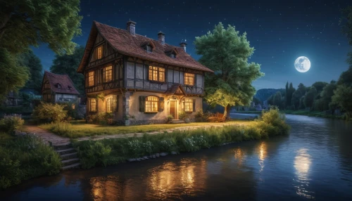 house by the water,house with lake,wooden house,lonely house,home landscape,summer cottage,fantasy picture,night scene,moonlit night,little house,fisherman's house,beautiful home,witch's house,cottage,fantasy landscape,house in the forest,wooden houses,ancient house,country cottage,traditional house,Photography,General,Realistic